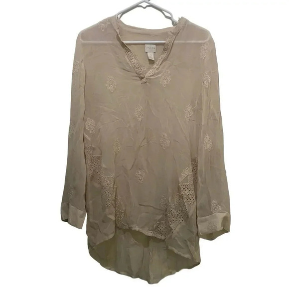 Chico's Tan Long Sleeve V-Neck Lace Viscose Blouse Tops Size 0 - Picture 5 of 6